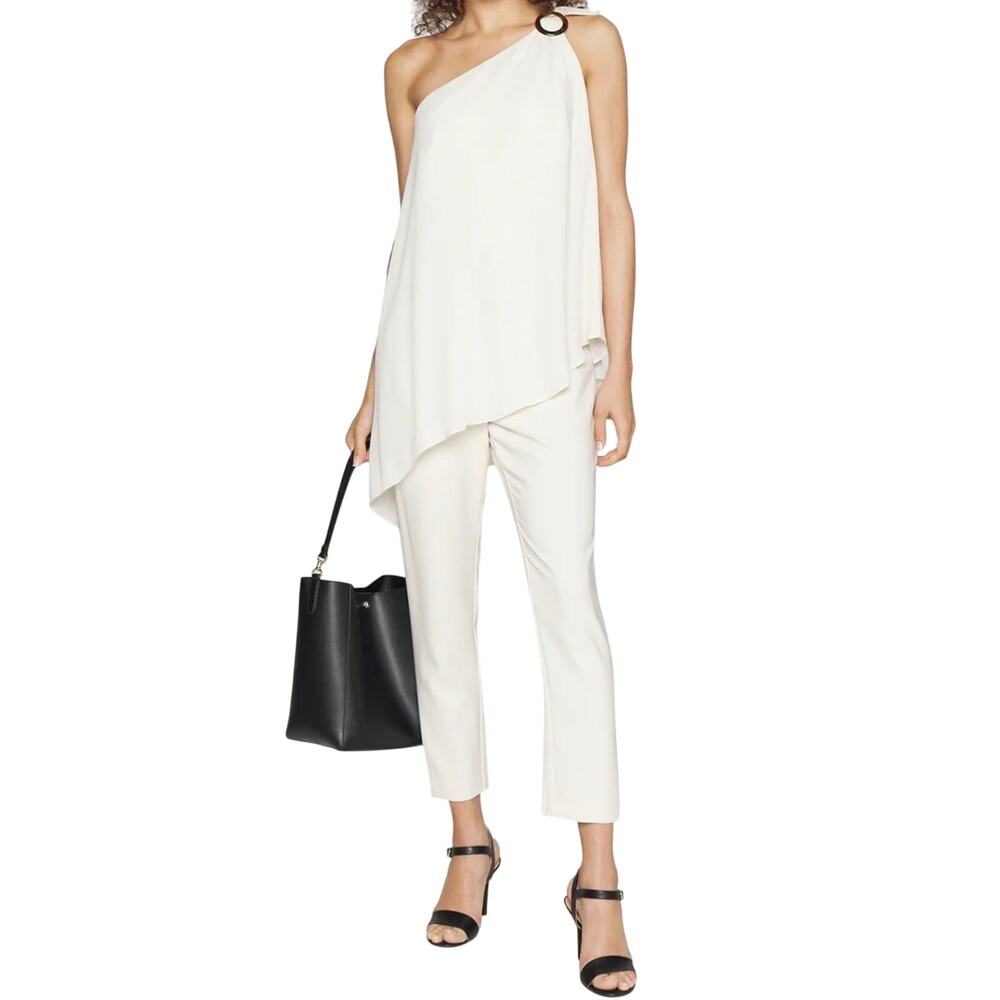 Lauren Ralph Lauren One Shoulder Ivory Jumpsuit Ring Detail Draped Overlay Sz 2
